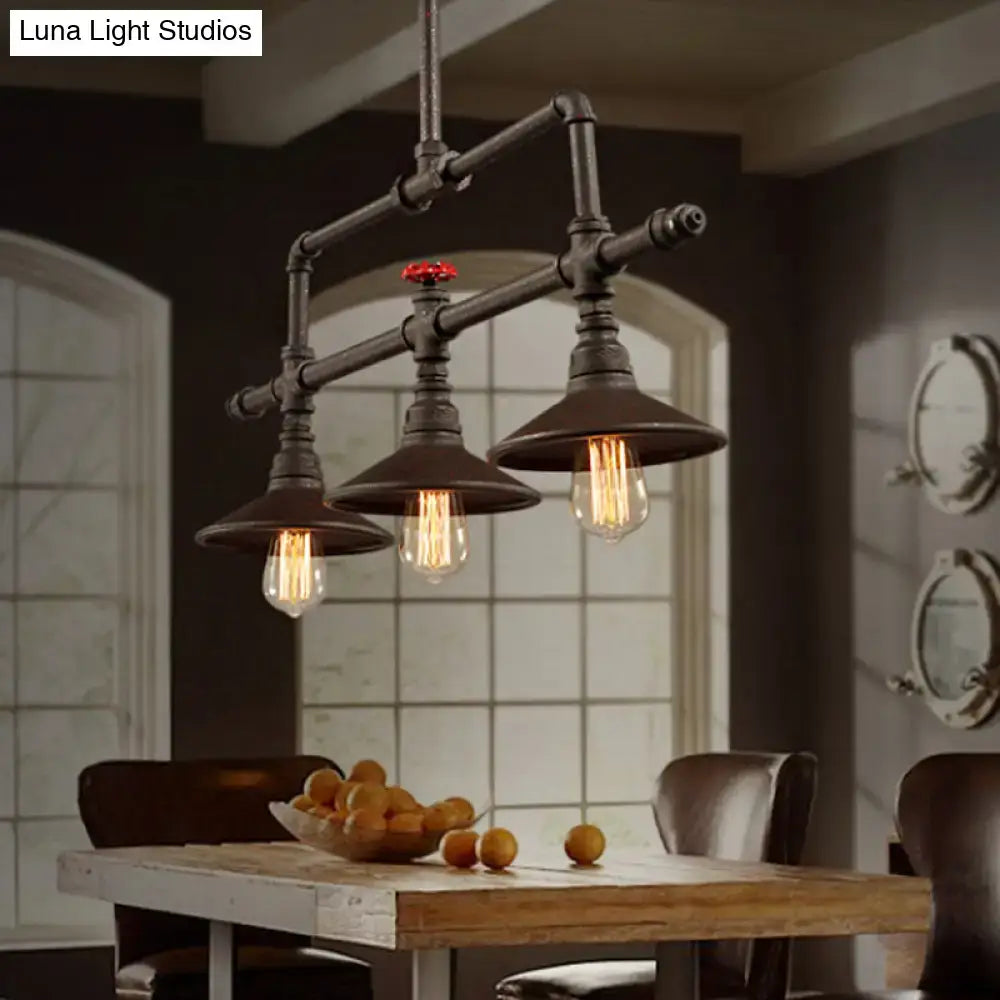 DecorBites™ industrial style black pipe chandelier with cone shade and red valve accent in rust finish