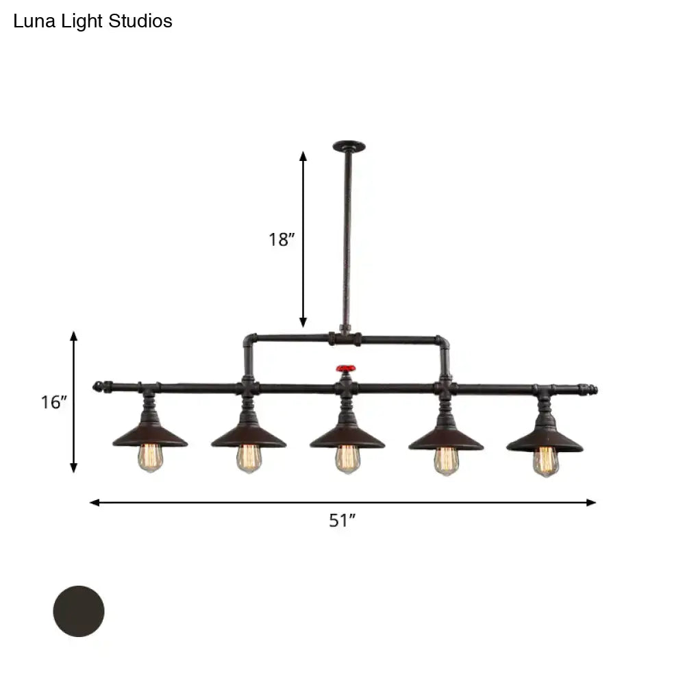 Decorbites industrial style 5-head black pipe pendant light with cone shades and red valve in rust finish