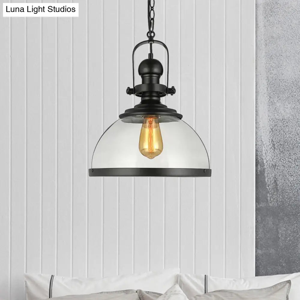 Industrial Style Single-LED Pendant Light: Black Clear Glass Lantern for Dining Room