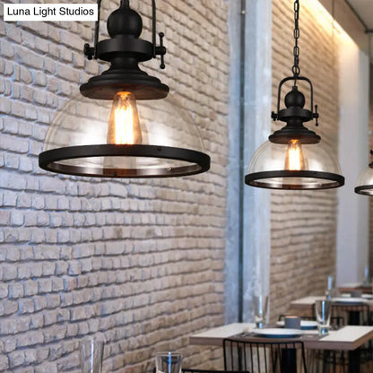 Industrial Style Single-LED Pendant Light: Black Clear Glass Lantern for Dining Room