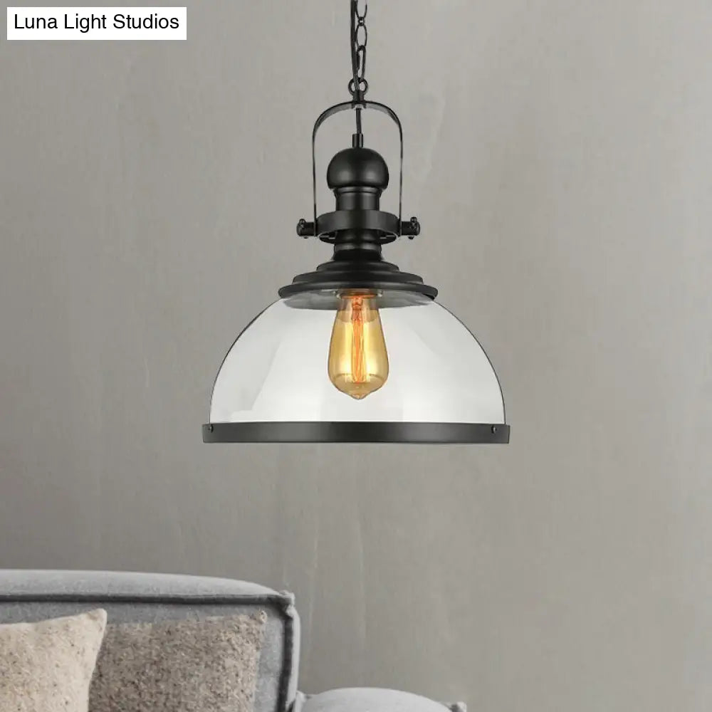 Industrial Style Single-LED Pendant Light: Black Clear Glass Lantern for Dining Room