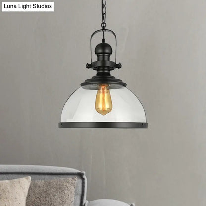 Industrial Style Single-LED Pendant Light: Black Clear Glass Lantern for Dining Room