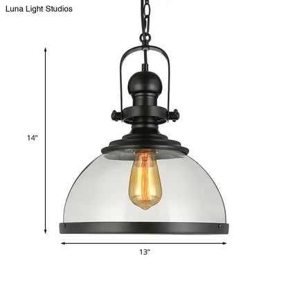 Industrial Style Single-LED Pendant Light: Black Clear Glass Lantern for Dining Room