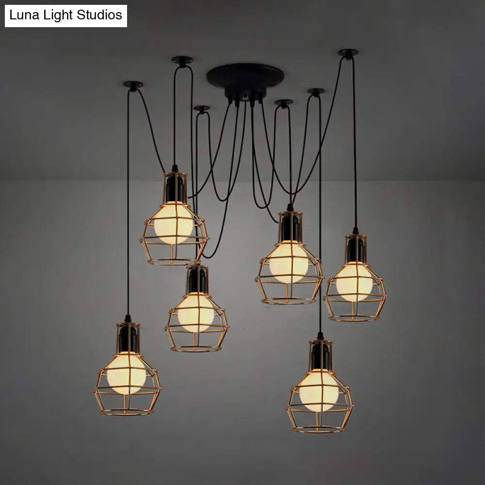 Industrial Style Spider Pendant Hanging Light - 6 Bulbs, Black/Gold Iron, Dining Room Ceiling Lamp