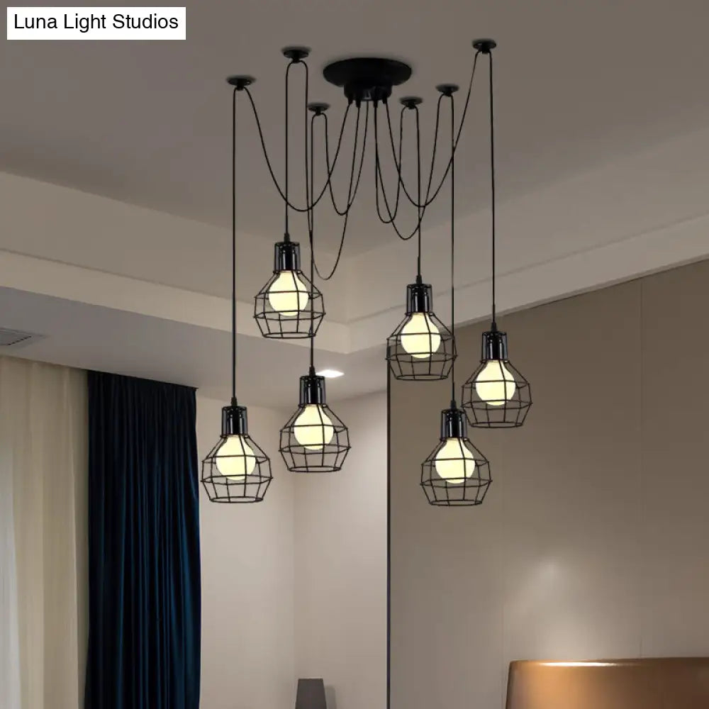 Industrial Style Spider Pendant Hanging Light - 6 Bulbs, Black/Gold Iron, Dining Room Ceiling Lamp