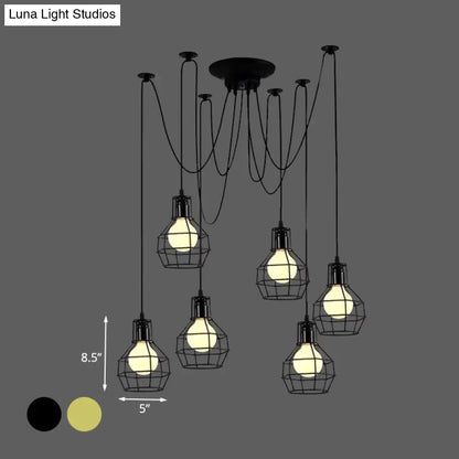 Industrial Style Spider Pendant Hanging Light - 6 Bulbs, Black/Gold Iron, Dining Room Ceiling Lamp