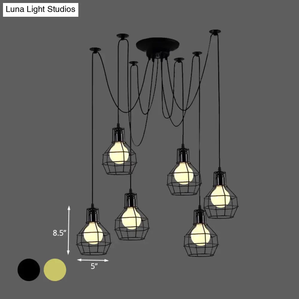 Industrial Style Spider Pendant Hanging Light - 6 Bulbs, Black/Gold Iron, Dining Room Ceiling Lamp