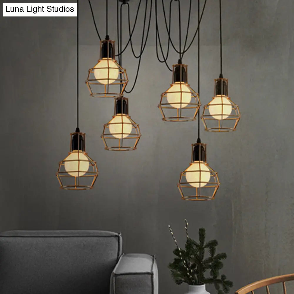 Industrial Style Spider Pendant Hanging Light - 6 Bulbs, Black/Gold Iron, Dining Room Ceiling Lamp