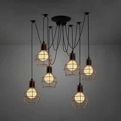 Industrial Style Spider Pendant Hanging Light - 6 Bulbs, Black/Gold Iron, Dining Room Ceiling Lamp