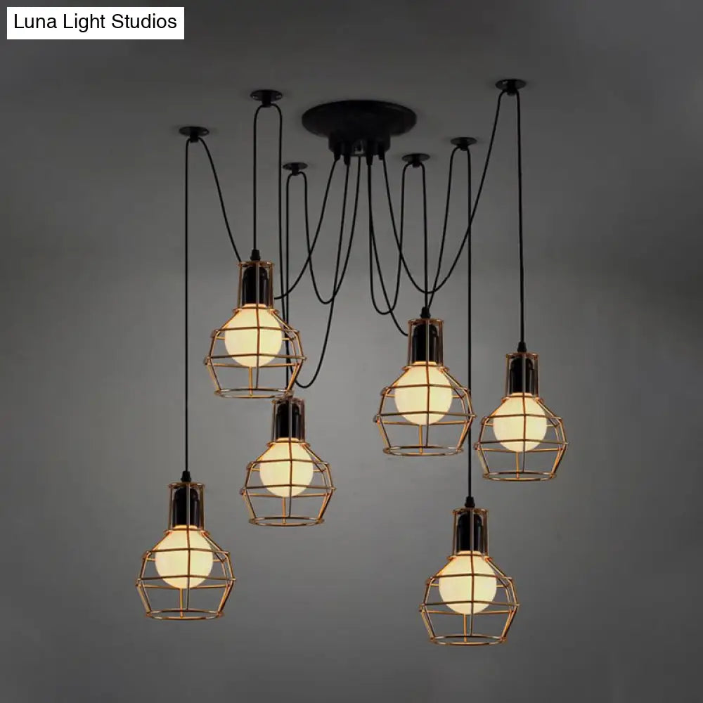 Industrial Style Spider Pendant Hanging Light - 6 Bulbs, Black/Gold Iron, Dining Room Ceiling Lamp