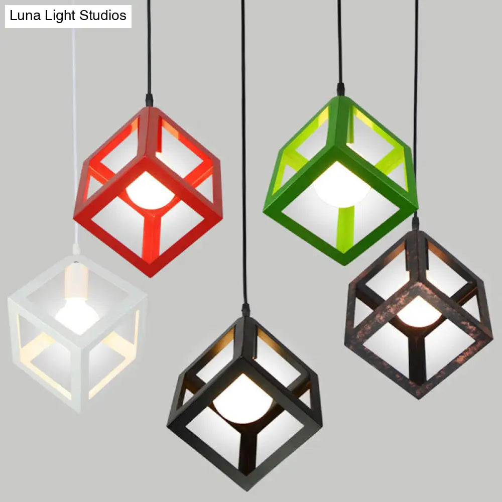 Industrial Style Square Cage Ceiling Light for Bars - Creative Metallic Hanging Fixture with 1 Light