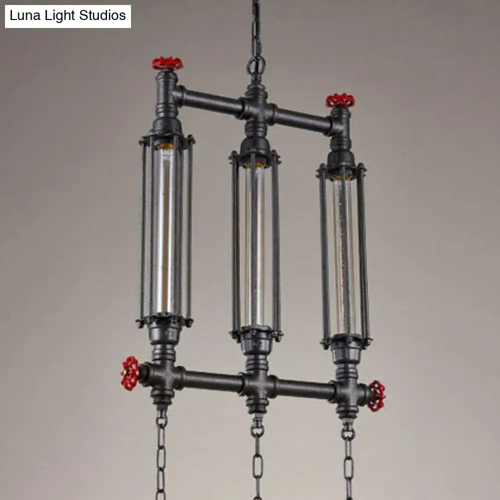 Decorbites™ industrial style tubular pendant light in black metal with three glass tubes and red valve accents for restaurants
