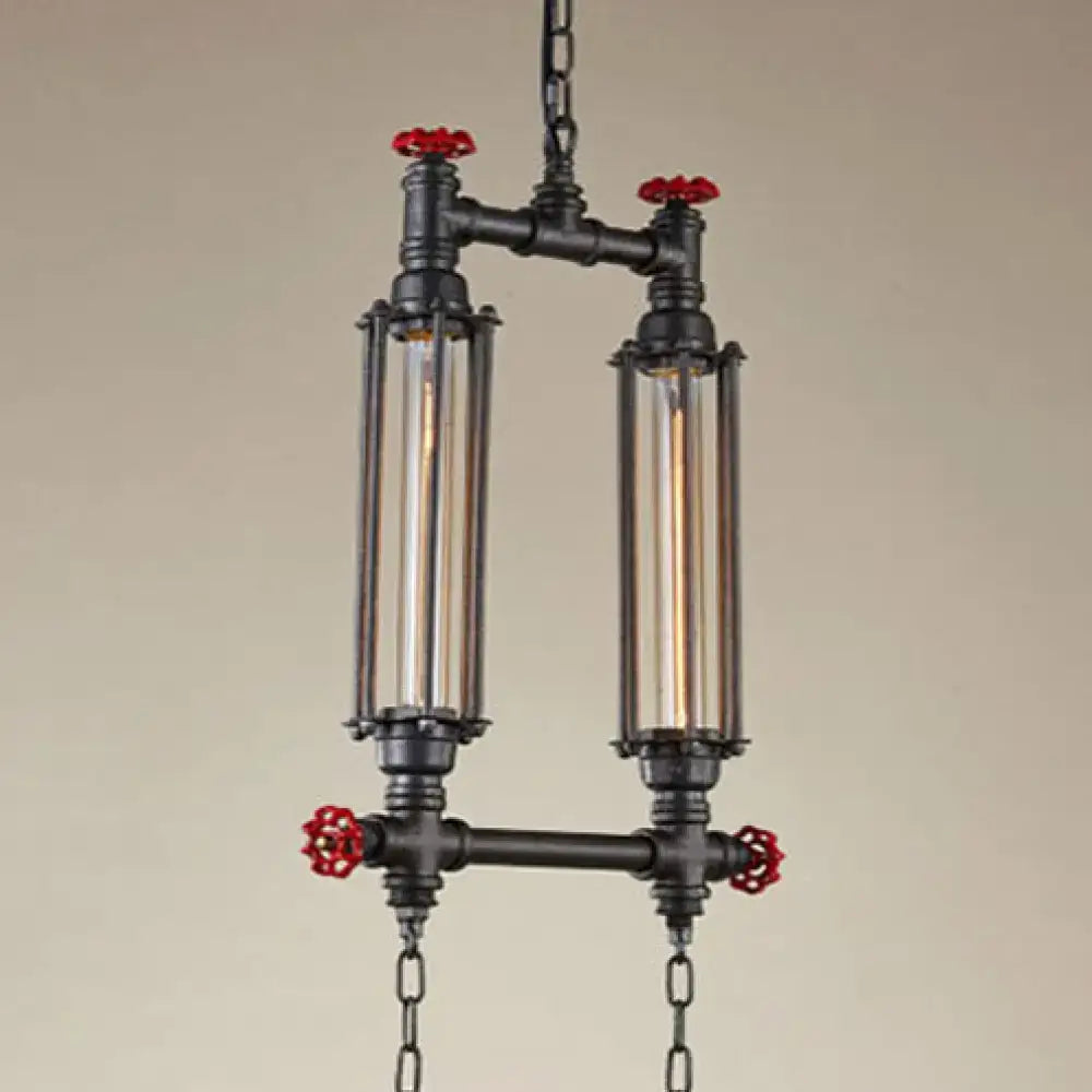 Decorbites industrial style tubular metal pendant light set in black with red valve accents and clear glass tubes for restaurants