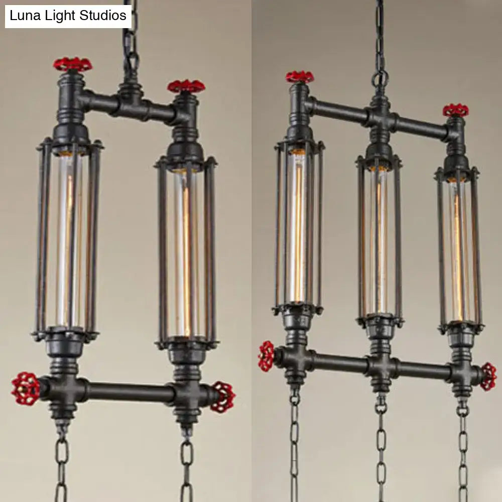 DecorBites industrial style tubular pendant light with black metal pipes red valve accents and clear glass tubes set of 3