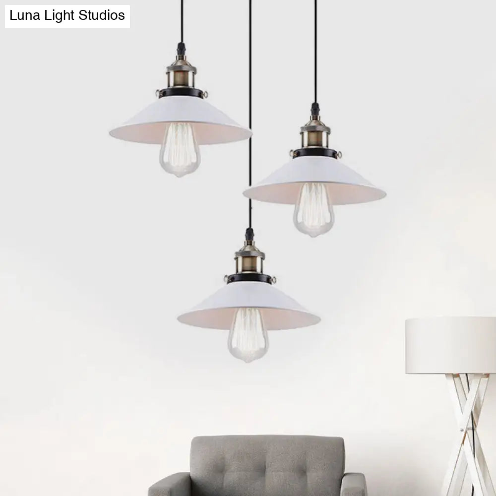 Industrial Style White Conic Ceiling Pendant with Metallic Finish - 3 Heads Indoor Hanging Light