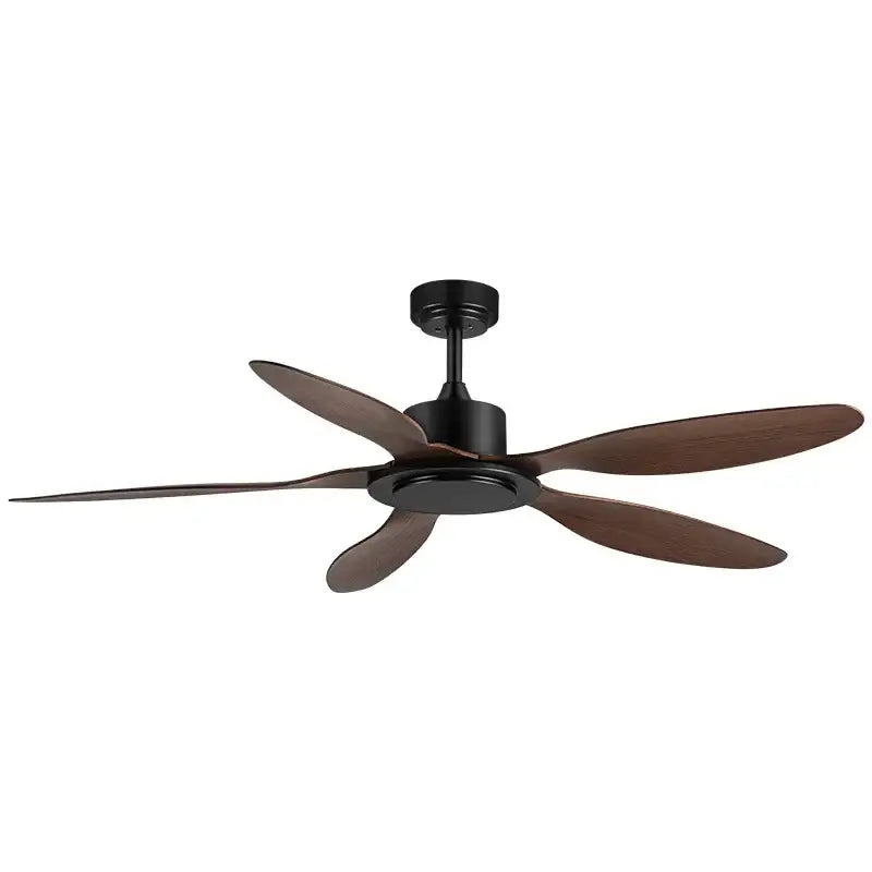 Black industrial style ceiling fan with five dark brown wooden blades and remote control for bedroom use