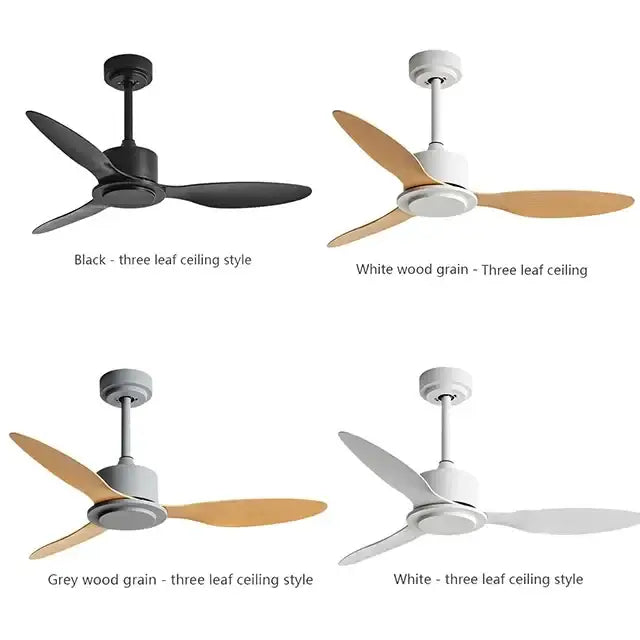 Industrial style ceiling fan with three wood grain blades in white and grey finishes with remote control for bedroom use