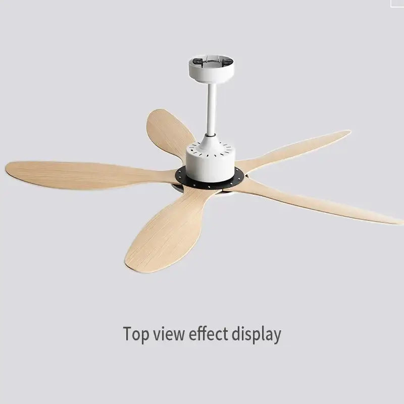 Modern industrial style ceiling fan with five light wood blades white motor housing and remote control for bedroom use