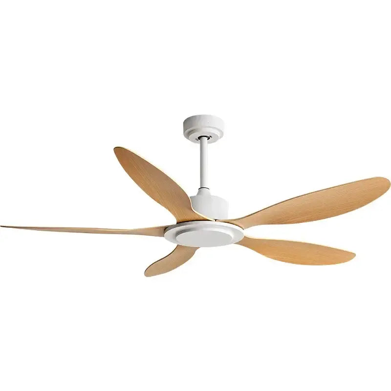 Modern industrial style ceiling fan with five light wood blades white housing and remote control for bedroom use