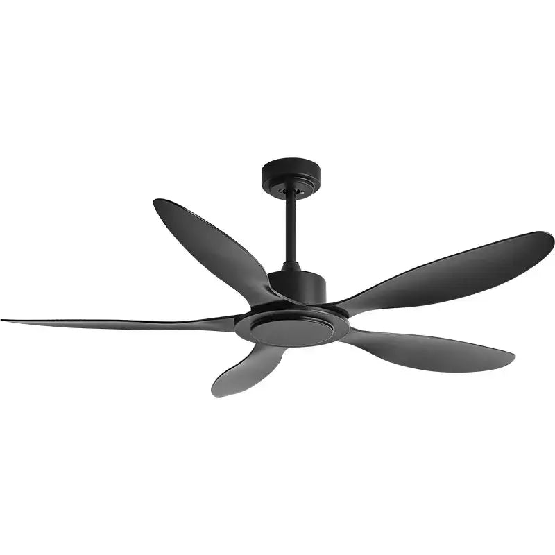 Black matte ceiling fan with five aerodynamic blades in industrial style ceiling design with remote control for bedroom