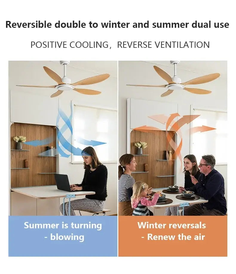 A sleek white and wood ceiling fan with remote control in industrial style for reversible dual-season bedroom use