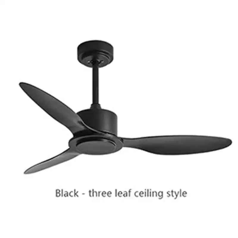 Black three-leaf ceiling fan with sleek modern industrial style design and remote control for bedroom use