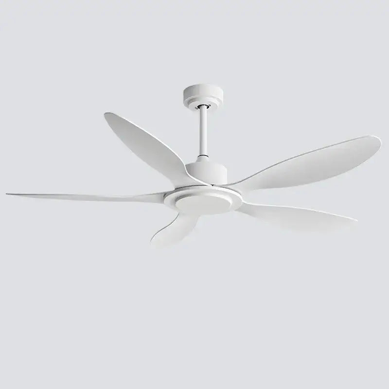 White industrial style ceiling fan with five sleek wood blades and remote control for bedroom use