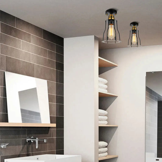 DecorBites™ DecorBites™ Industrial Style Wire Guard Ceiling Light - Metallic Semi Flush Brass/Antique Brass - Hallway Lighting