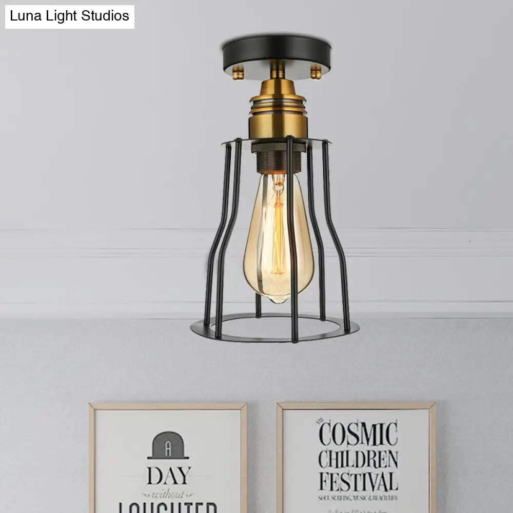 DecorBites™ DecorBites™ Industrial Style Wire Guard Ceiling Light - Metallic Semi Flush Brass/Antique Brass - Hallway Lighting