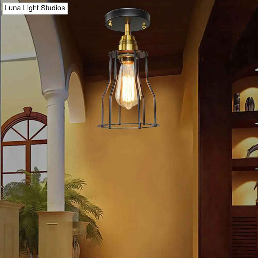 DecorBites™ DecorBites™ Industrial Style Wire Guard Ceiling Light - Metallic Semi Flush Brass/Antique Brass - Hallway Lighting