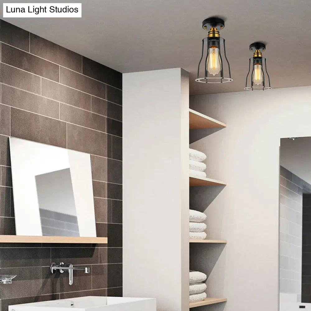 DecorBites™ DecorBites™ Industrial Style Wire Guard Ceiling Light - Metallic Semi Flush Brass/Antique Brass - Hallway Lighting