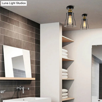 DecorBites™ DecorBites™ Industrial Style Wire Guard Ceiling Light - Metallic Semi Flush Brass/Antique Brass - Hallway Lighting