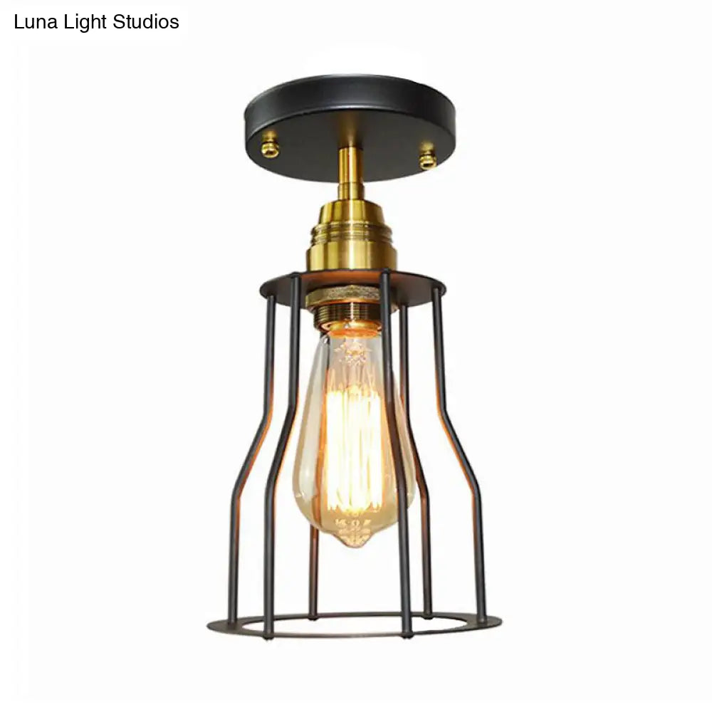 DecorBites™ DecorBites™ Industrial Style Wire Guard Ceiling Light - Metallic Semi Flush Brass/Antique Brass - Hallway Lighting