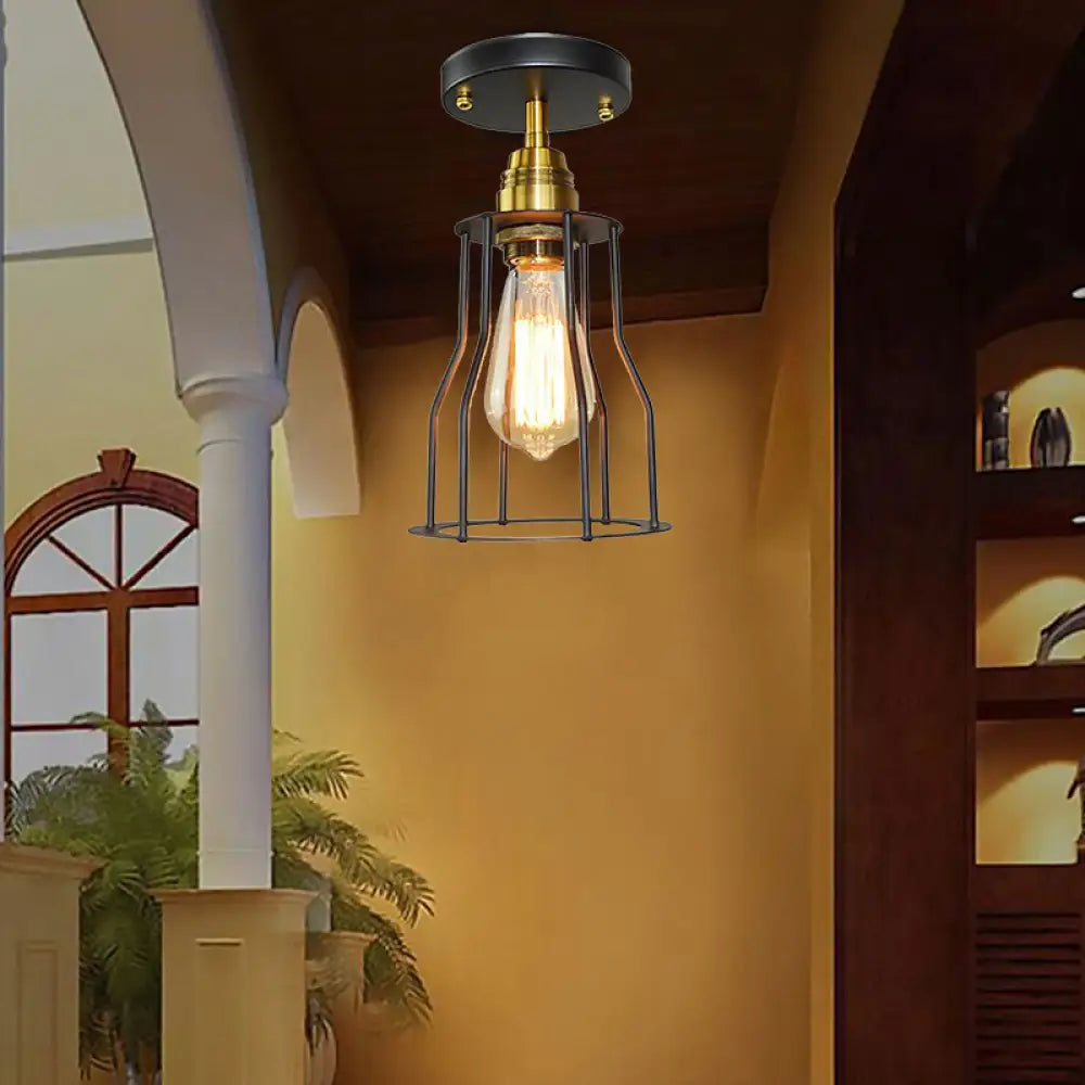 DecorBites™ DecorBites™ Industrial Style Wire Guard Ceiling Light - Metallic Semi Flush Brass/Antique Brass - Hallway Lighting