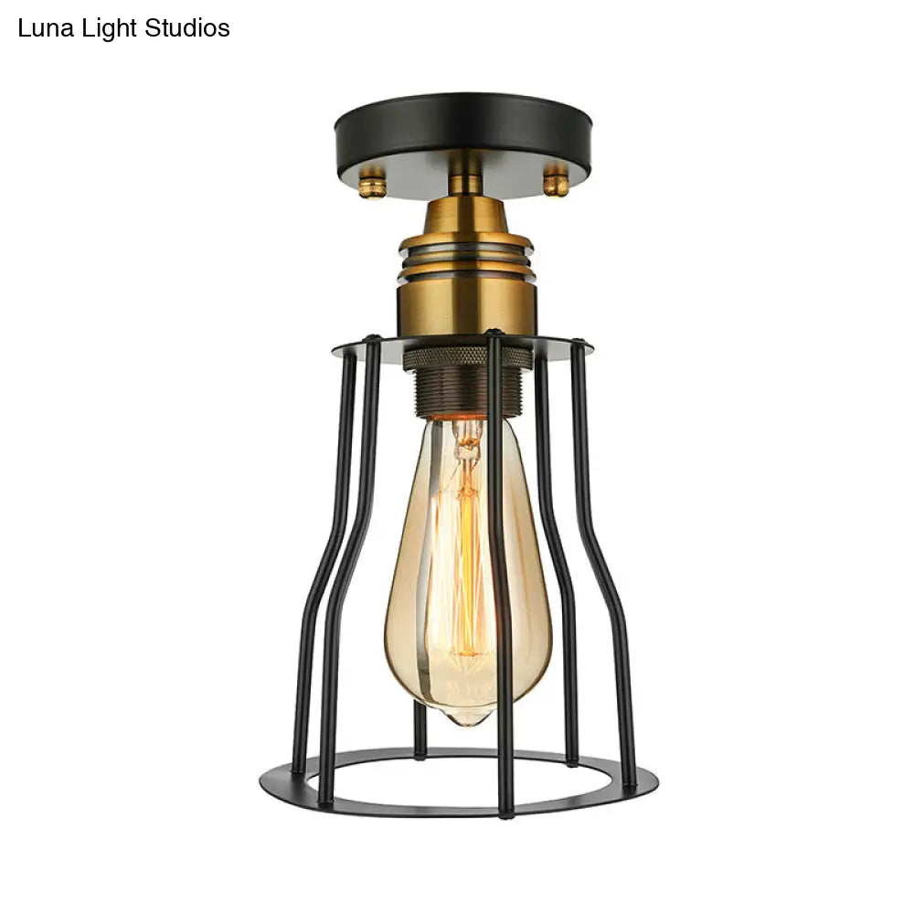 DecorBites™ DecorBites™ Industrial Style Wire Guard Ceiling Light - Metallic Semi Flush Brass/Antique Brass - Hallway Lighting