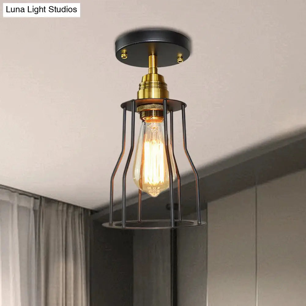 DecorBites™ DecorBites™ Industrial Style Wire Guard Ceiling Light - Metallic Semi Flush Brass/Antique Brass - Hallway Lighting