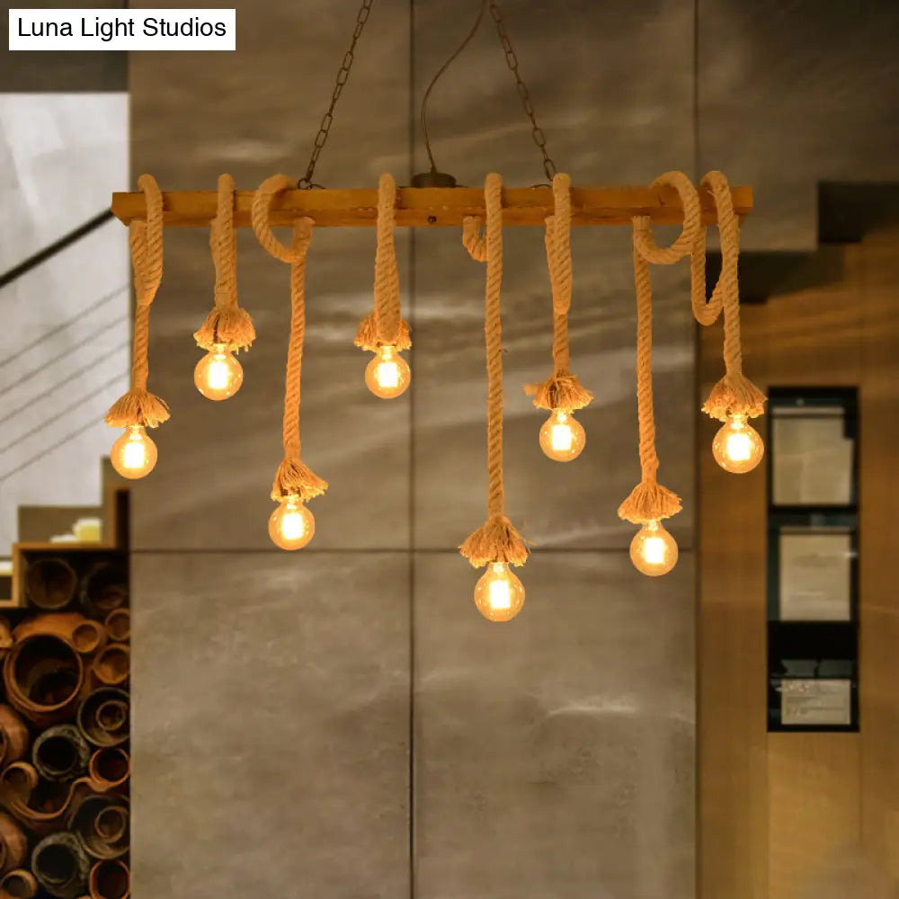 ثريا جزيرة خشبية بيج بتصميم صناعي من DecorBites™ - مصباح معلق خطي بثمانية مصابيح لغرفة الطعام