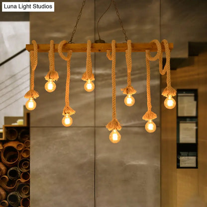 ثريا جزيرة خشبية بيج بتصميم صناعي من DecorBites™ - مصباح معلق خطي بثمانية مصابيح لغرفة الطعام