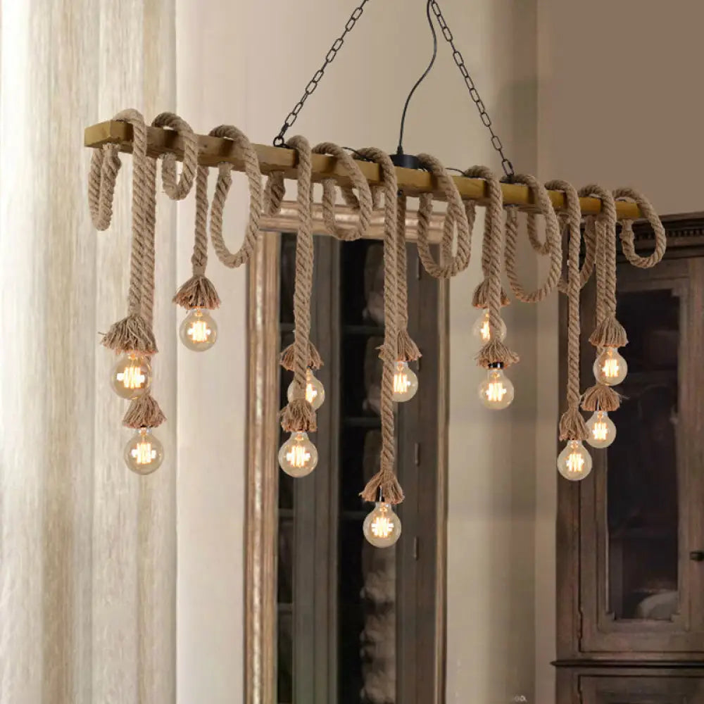 ثريا جزيرة خشبية بيج بتصميم صناعي من DecorBites™ - مصباح معلق خطي بثمانية مصابيح لغرفة الطعام