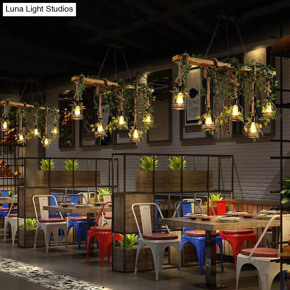 DecorBites™ Industrial Style Wood Pendant Light with Cage Shade - Island Linear Chandelier Beige