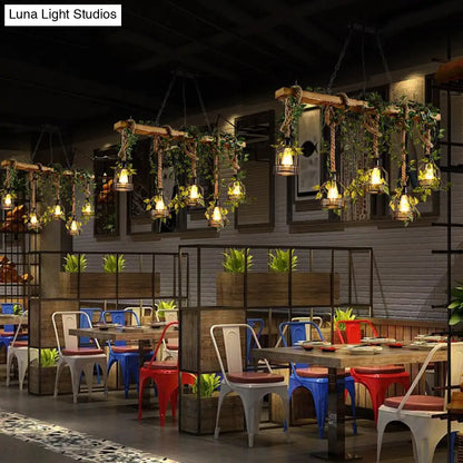 DecorBites™ Industrial Style Wood Pendant Light with Cage Shade - Island Linear Chandelier Beige