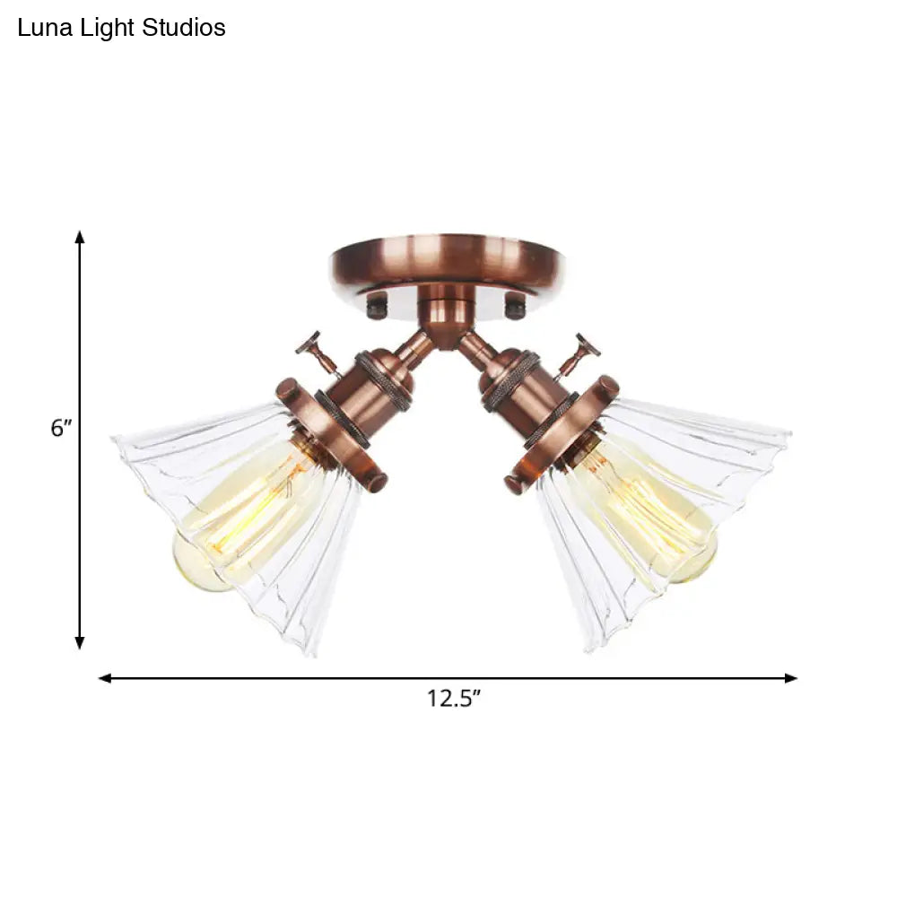 Industrial Stylish Bedroom Semi Mount Lighting with Cone Shade, Amber/Clear Glass - 2 Heads, Black/Bronze Ceiling Flush Mount