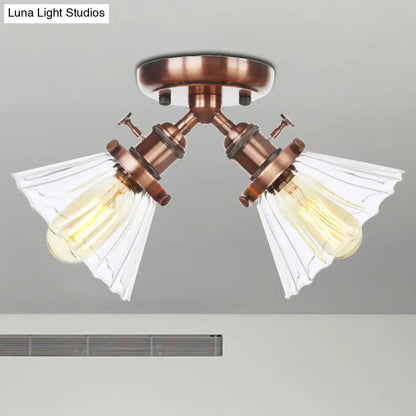 Industrial Stylish Bedroom Semi Mount Lighting with Cone Shade, Amber/Clear Glass - 2 Heads, Black/Bronze Ceiling Flush Mount