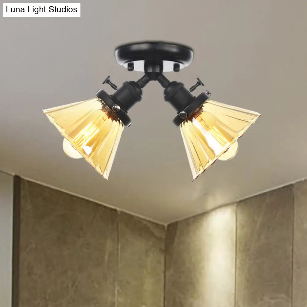 Industrial Stylish Bedroom Semi Mount Lighting with Cone Shade, Amber/Clear Glass - 2 Heads, Black/Bronze Ceiling Flush Mount