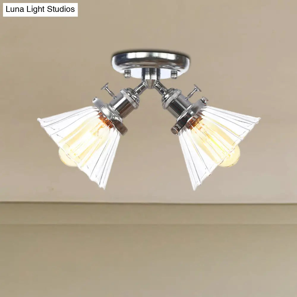 Industrial Stylish Bedroom Semi Mount Lighting with Cone Shade, Amber/Clear Glass - 2 Heads, Black/Bronze Ceiling Flush Mount