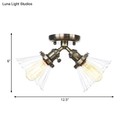 Industrial Stylish Bedroom Semi Mount Lighting with Cone Shade, Amber/Clear Glass - 2 Heads, Black/Bronze Ceiling Flush Mount