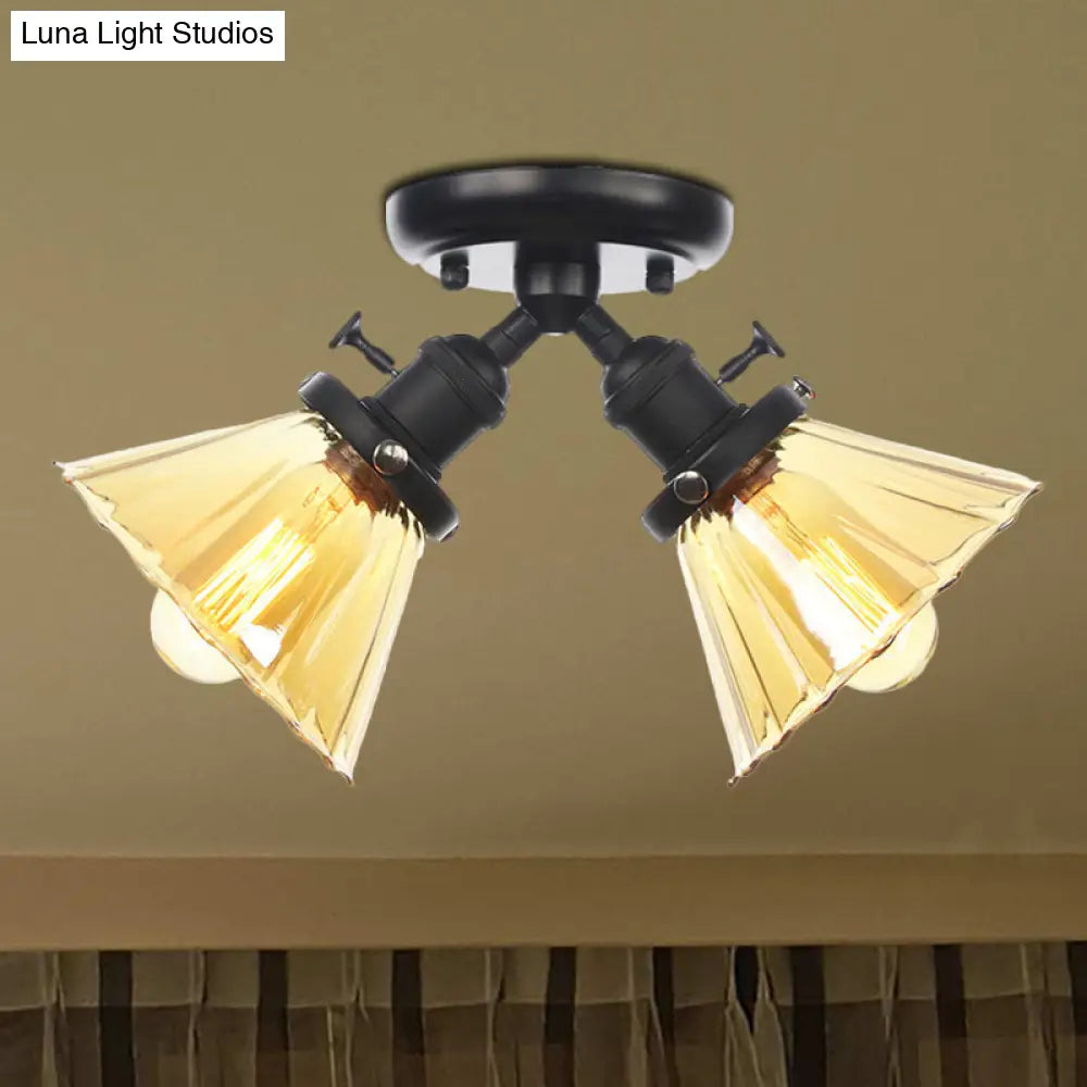 Industrial Stylish Bedroom Semi Mount Lighting with Cone Shade, Amber/Clear Glass - 2 Heads, Black/Bronze Ceiling Flush Mount