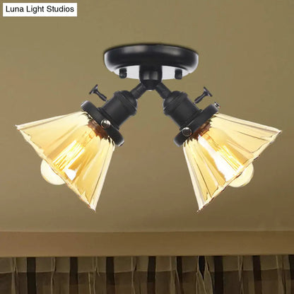 Industrial Stylish Bedroom Semi Mount Lighting with Cone Shade, Amber/Clear Glass - 2 Heads, Black/Bronze Ceiling Flush Mount