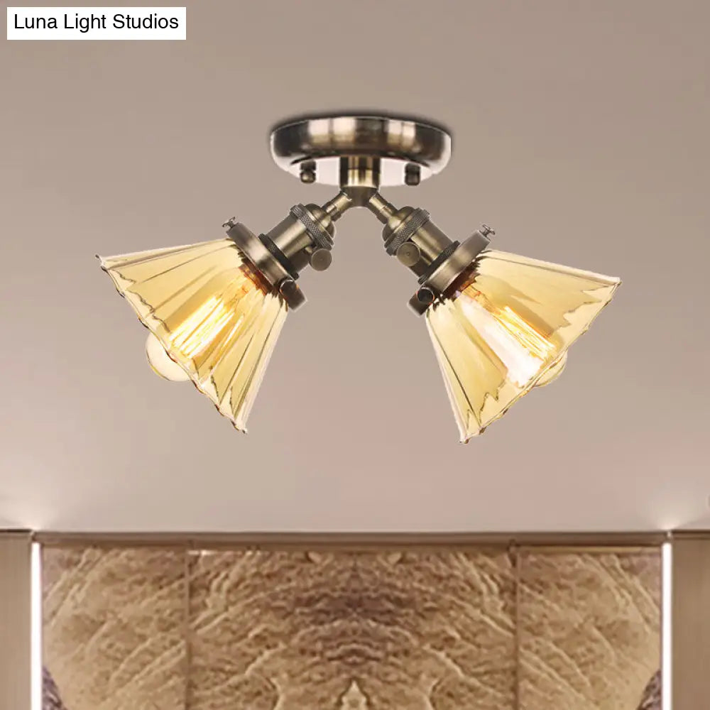 Industrial Stylish Bedroom Semi Mount Lighting with Cone Shade, Amber/Clear Glass - 2 Heads, Black/Bronze Ceiling Flush Mount