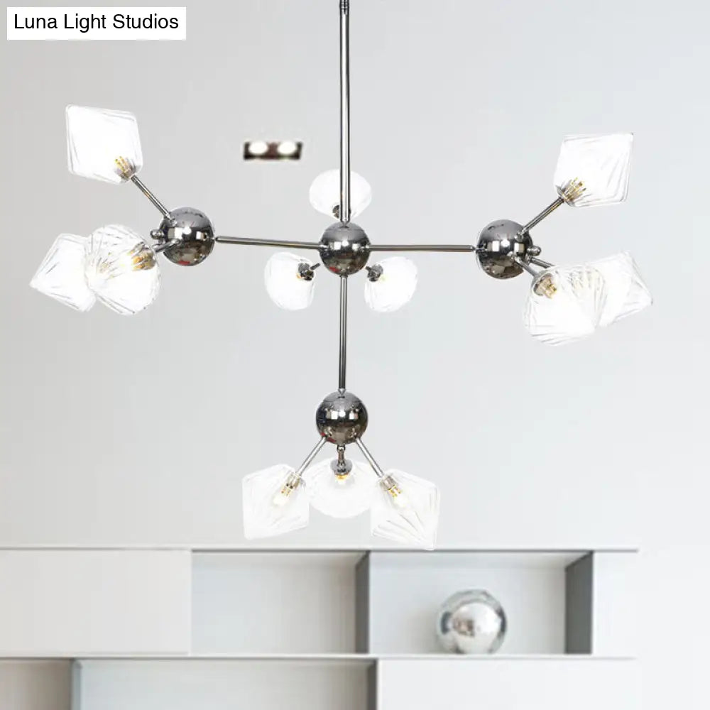 Industrial Stylish Glass Diamond Pendant Light Chandelier - 3/9/12 Bulbs, Amber/Clear Glass, 13"/27.5"/34" Width